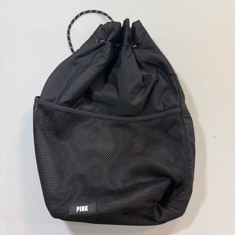 Victorias Secret PINK Womens Backpack OS Black Drawstring Mesh Sporty Y2K